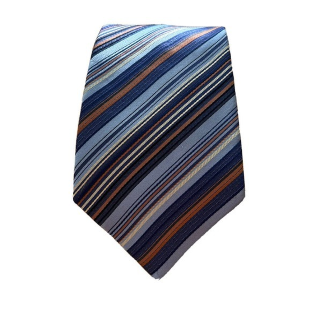 Kenneth Cole Reaction Blue Tan Striped Handmade 100% Silk 3.75” Men’s‎ Tie